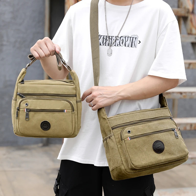 Mens canvas cross body bag travel leisure highquality outdoor handbag school retro zipper messenger shoulder 240919