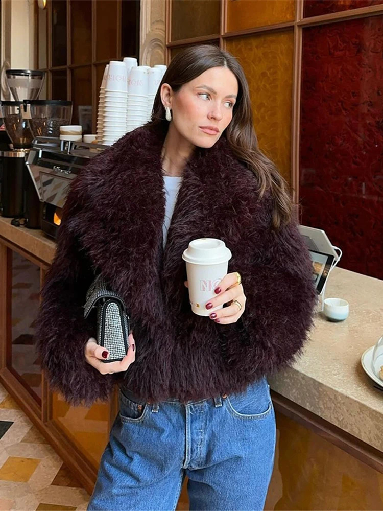 Lapel Fluffy Faux Fur Coats Fashion Warm Womens Long Sleeve Outerwear Winter Elegant Lady Street Cardigan 240919