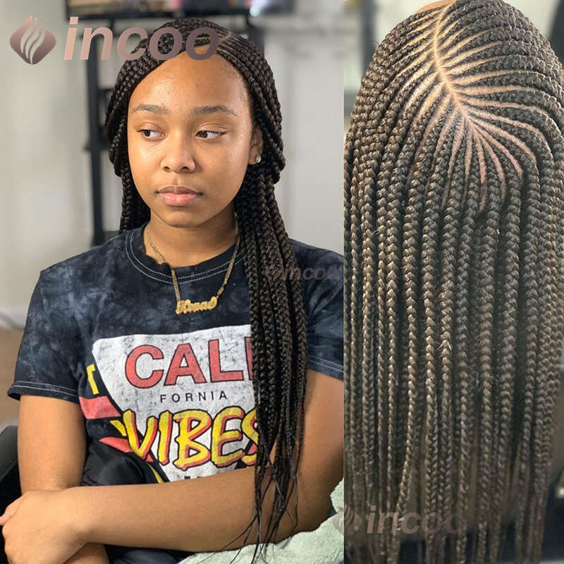 Incoo 360 Full Lace Frontal Synthetic Braided 36 Inch Preplucked Baby Hair New Arrival Afro Knotless Braid Wigs Black Women