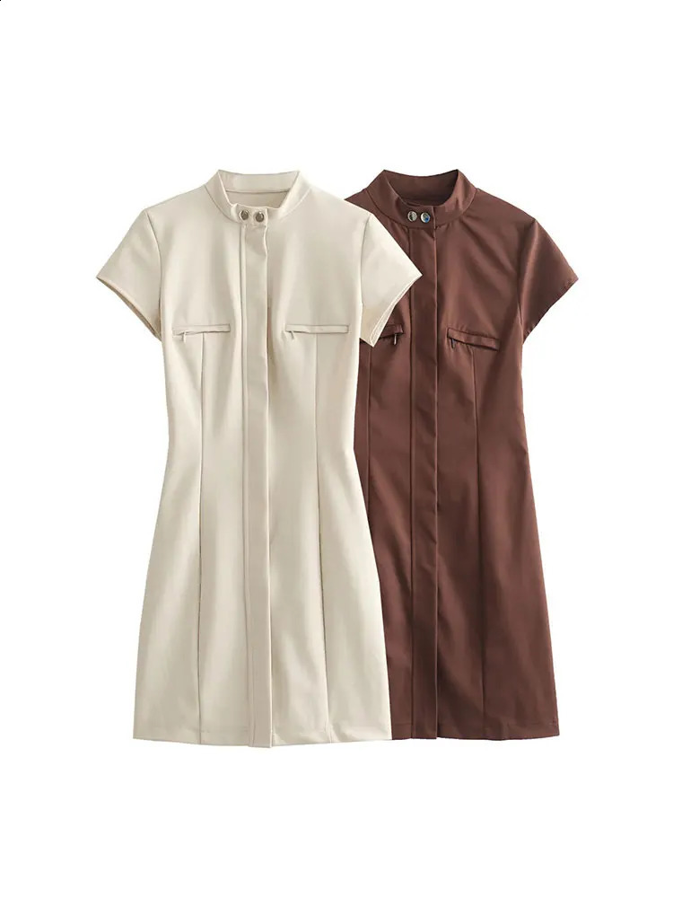 TRAFZA Womens Elegant Mini Dress Short Sleeve Slim Fit Button Solid TRAF Retro Oneck 240919