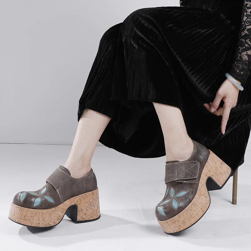 Koznoy 7.5cm Cow Suede Genuine Leather Ethnic Spring Round Toe Hook Shallow Mary Jane Platform Wedge Ladies Luxury Shoes Women