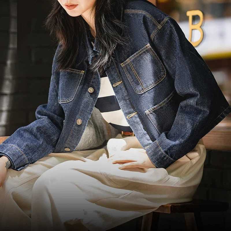 Maden Womens Short Jeans Jacket 14 oz Vintage Denim Coats Lapel Collar Loose Female Jackets Jeans Blue Streetwear 2022 NewX240920
