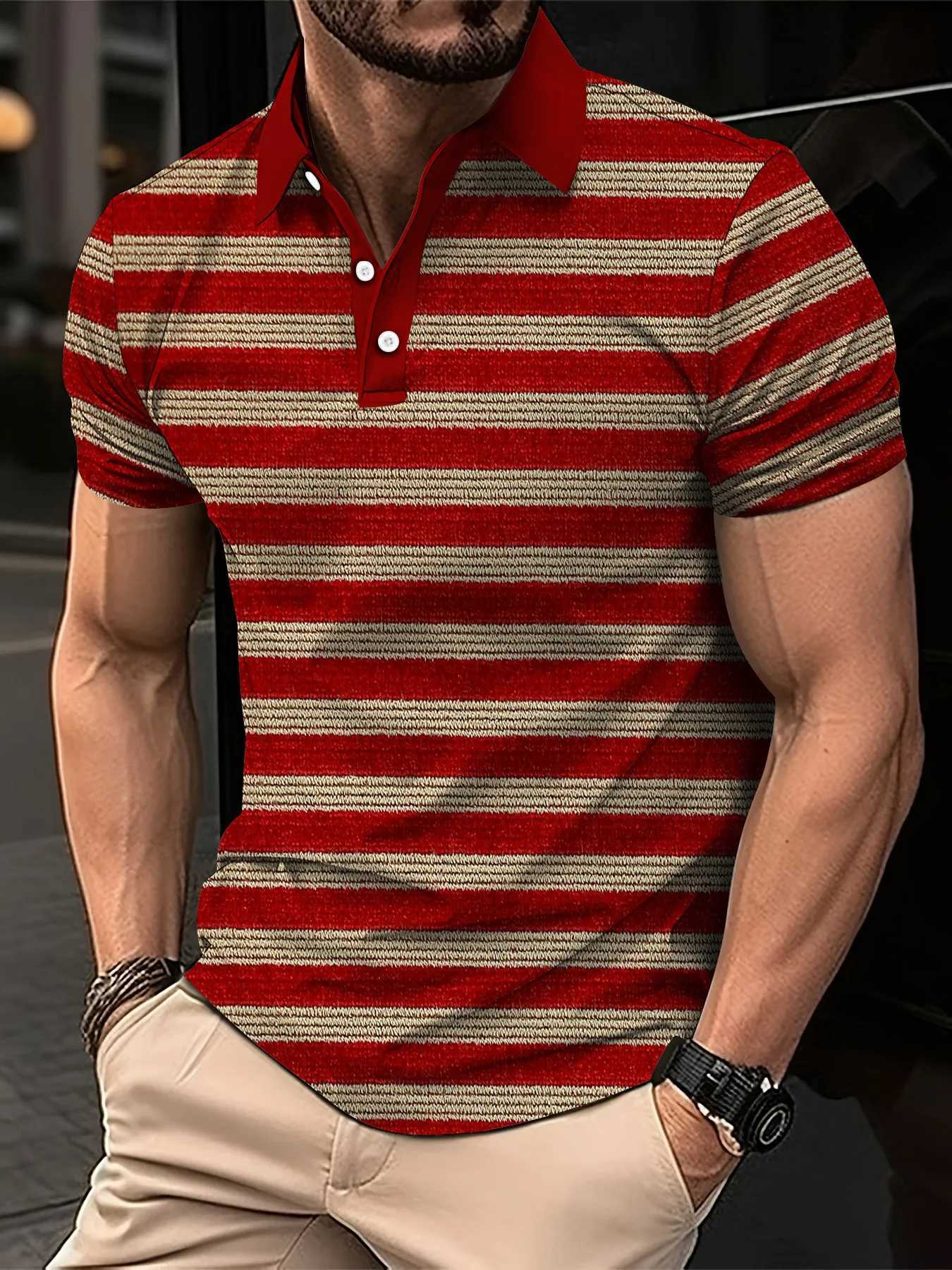 2024 New Mens Summer Short Clothes Sleeved Lapel 3D Digital Printed Striped Polo Shirt Mens Business Casual Top ClothesX240920