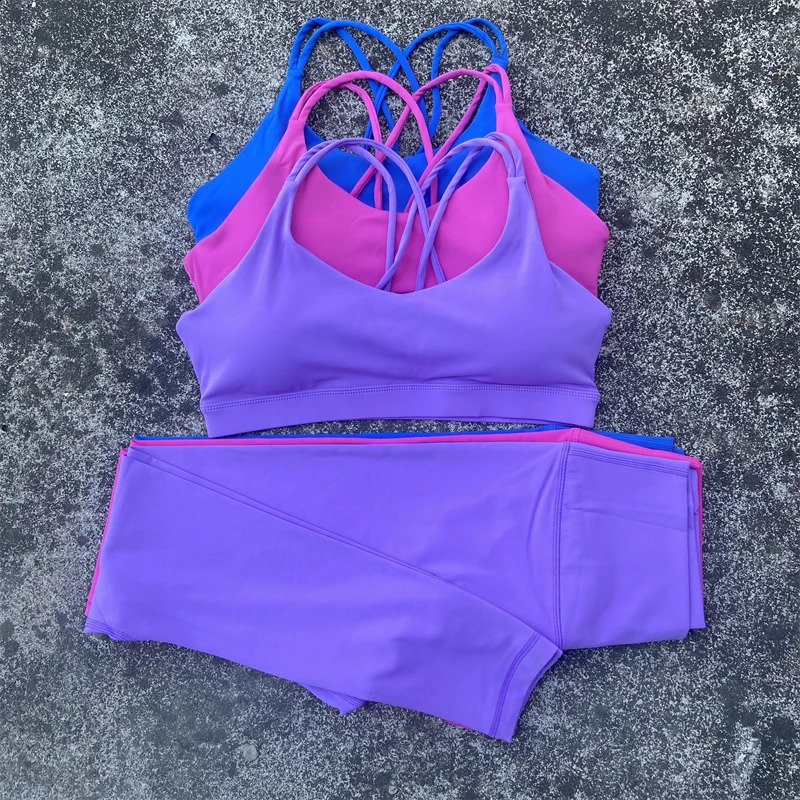 Yoga Set Gym Sports Set Cross Straps Bra Top And High Waist Leggings 2 Piece Women Workout Outfit Fitness Suit Running Tracksuit 240914