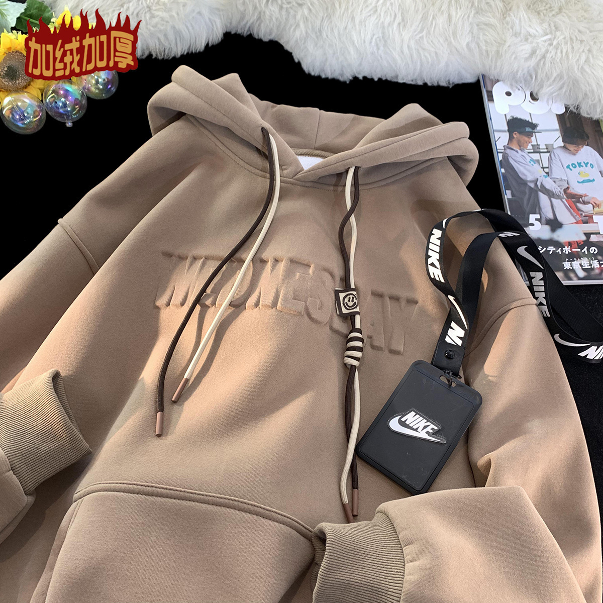 Sweater men's plush thickened 500g steel printed jacket autumn and winter vibe high street hoodie