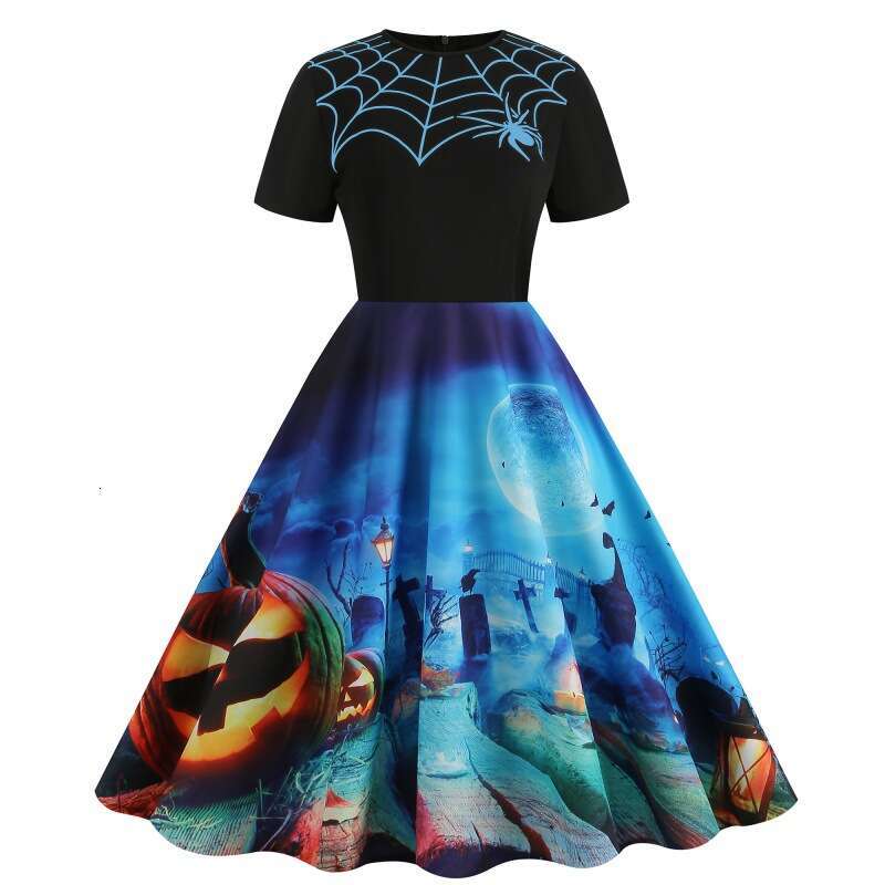 Hallowmas Halloween style new spliced round neck party print slim fitting and slimming dress with a large display