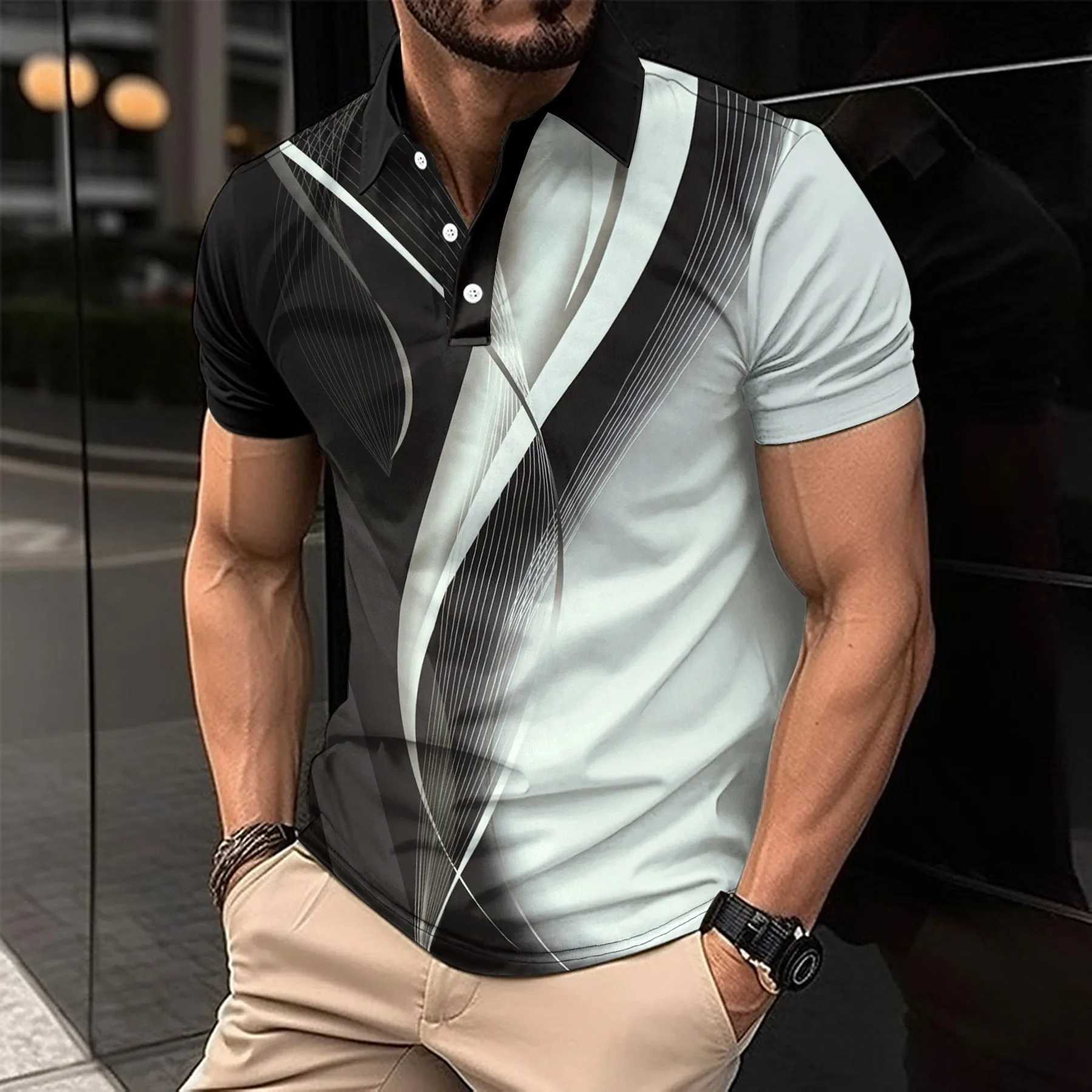 Latest 2024 new mens T-shirt natural stripes casual business short sleeve polo shirt topX240920
