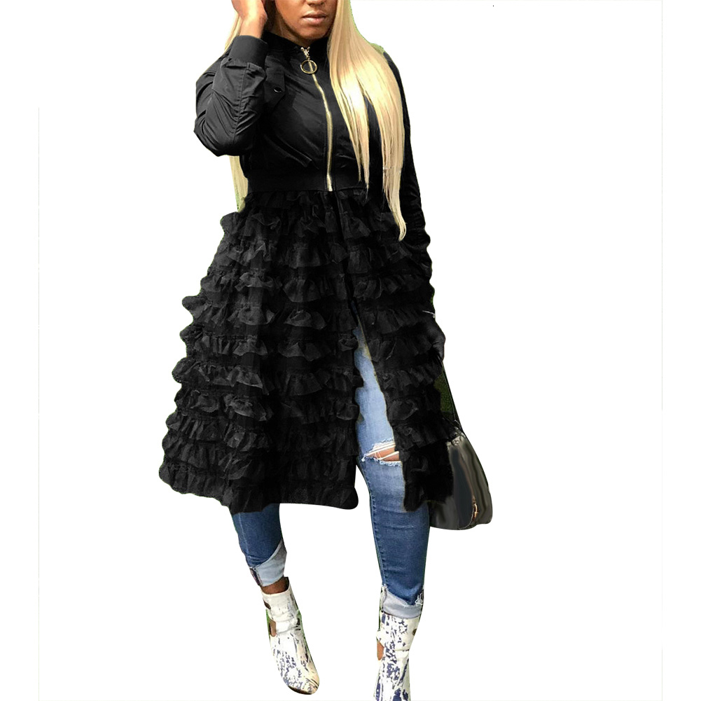 Women Long Sleeve zipper dress coat mesh lace Ruffle Patchwork long Jacket