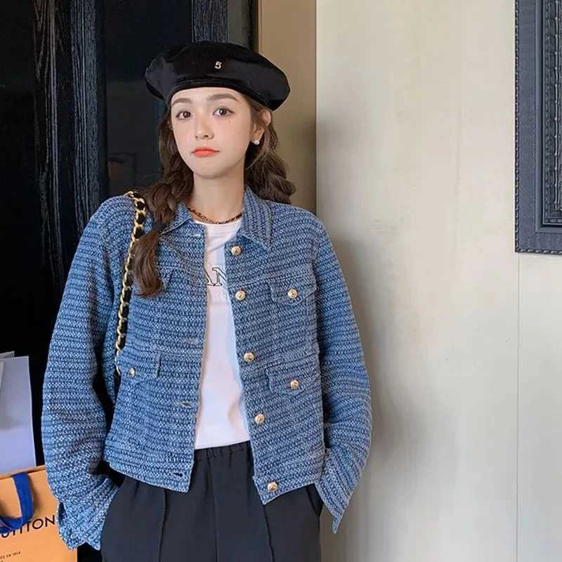 2024 Denim jacket women elegant retro long style lapel loose denim jacket long sleeved shirt top for womenX240920
