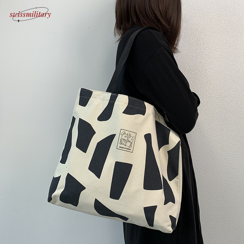 Canvas women one shoulder for class, college student outfit Korean style with zipper, artistic design, hand-held canvas bag #11 Swissmilitary
