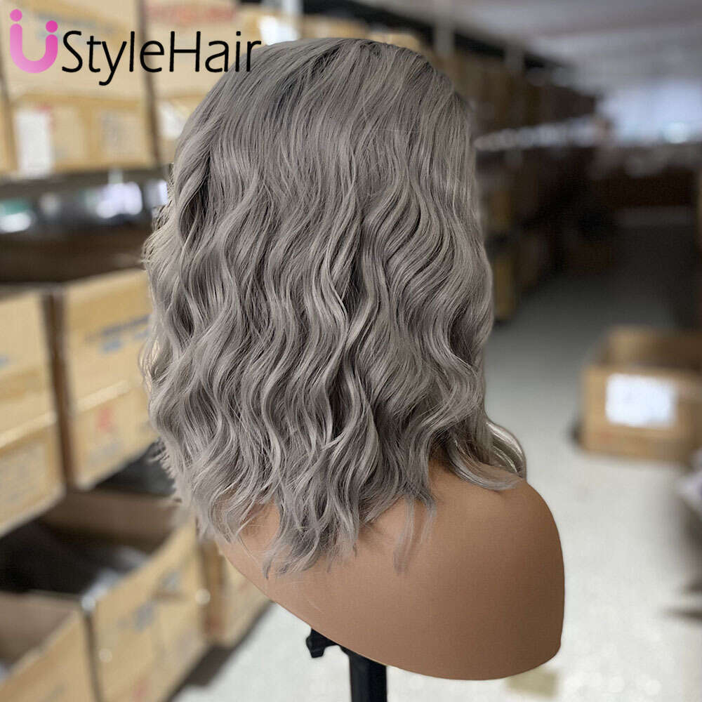Ustylehair Ombre Grey Lace Front Synthetic Hair Natural Haire Short Wave Wigs For Women Daily Use Cosplay Party Wig