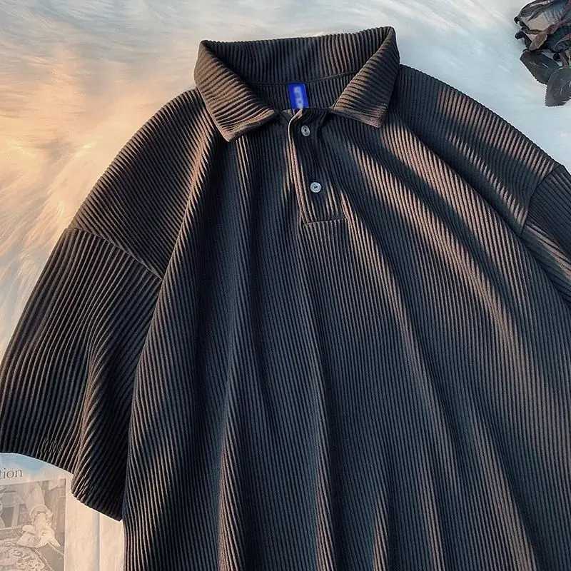 Mens and Womens Ice Silk Loose Polo Neck Summer New Short Sleeve Solid Color Striped T Shirt Tops Casual Trend Men ClothingX240920