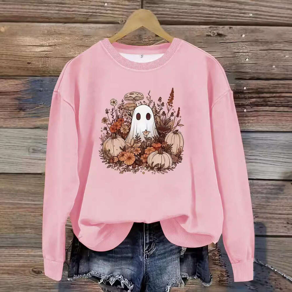 Hallowmas Autumn and Winter Womens Casual Long Sleeved Round Neck Cartoon Ghost Print Pullover Sweatshirt Hoodie Defined Jacket Jackets Womens Autumn 