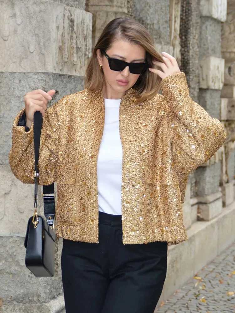 HH TRAF Autumn Sequins Golden Loose Jacket for Women Sparkle Long Sleeve Casual Bomber Jacket with Pockets Female Fashion CoatsX240920
