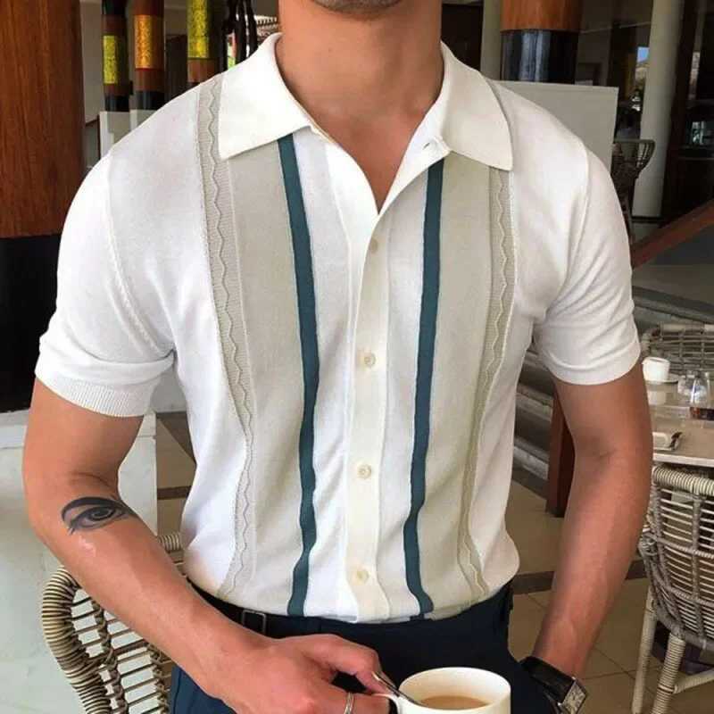 2024 Summer Men Short-sleeved Knitted Polo Blouse Cardigan Vintage Slim Stretch Tshirts Top Business Casual Male Shirts ClothingX240920