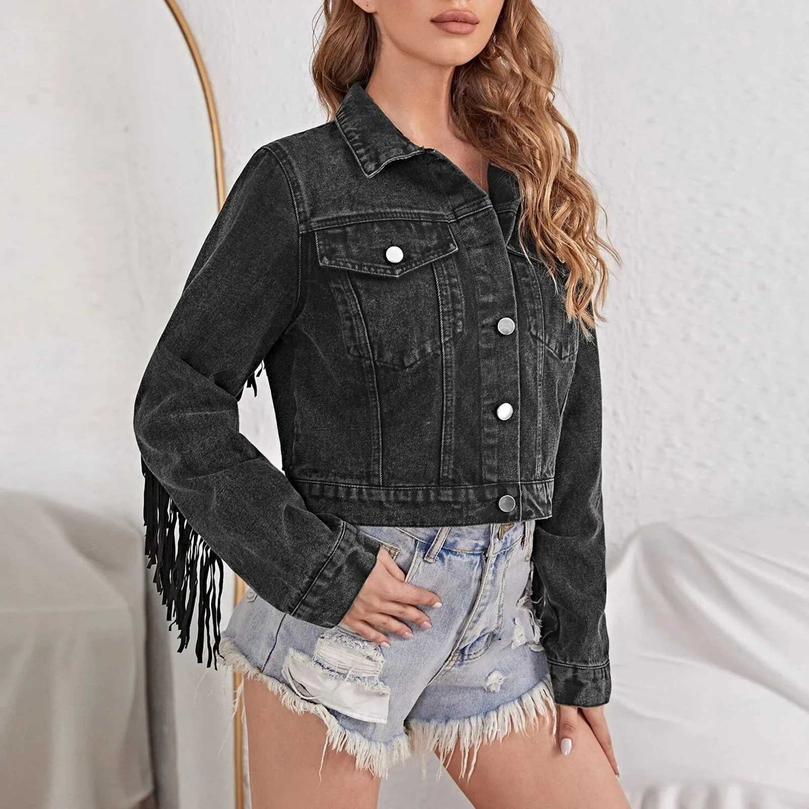 WomenS Crop Denim Jacket Long Sleeve Button Tassel Loose Jacket Coats With Fringe Ladies Outwear Commuting CardiganX240920