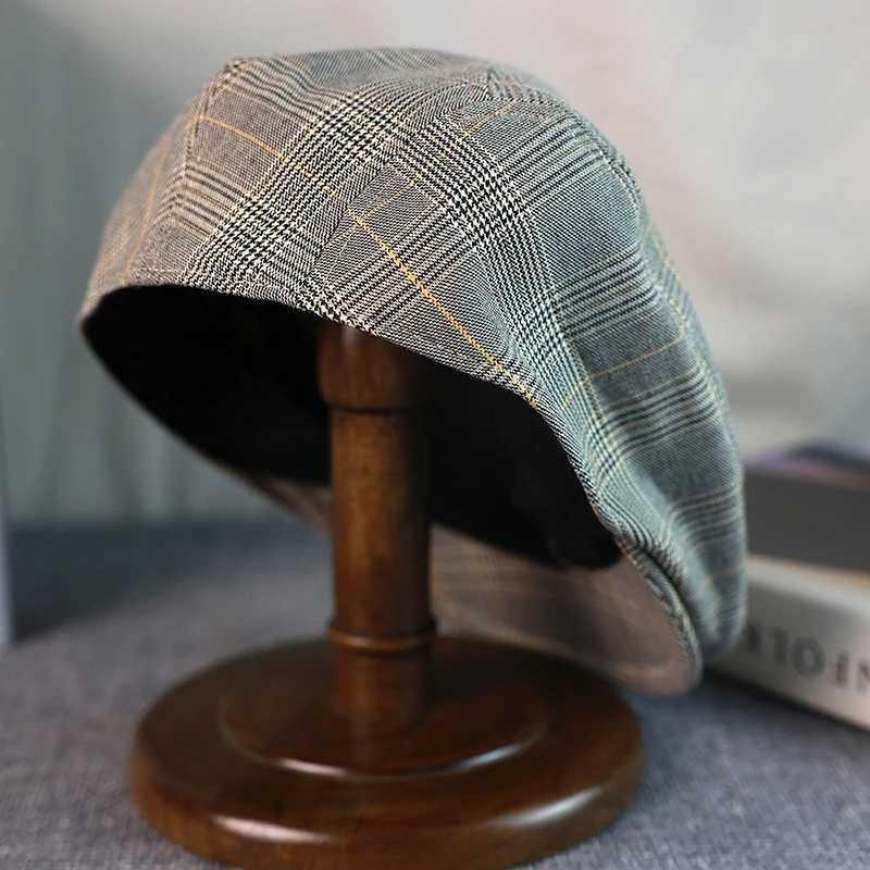 Gray Plaid Newsboy Hat Linen Cotton Womens Mens Ivy Cap Cabbie Driver Hat Spring Autumn Flat Hats Vintage Gatsby Beret A-53X240919