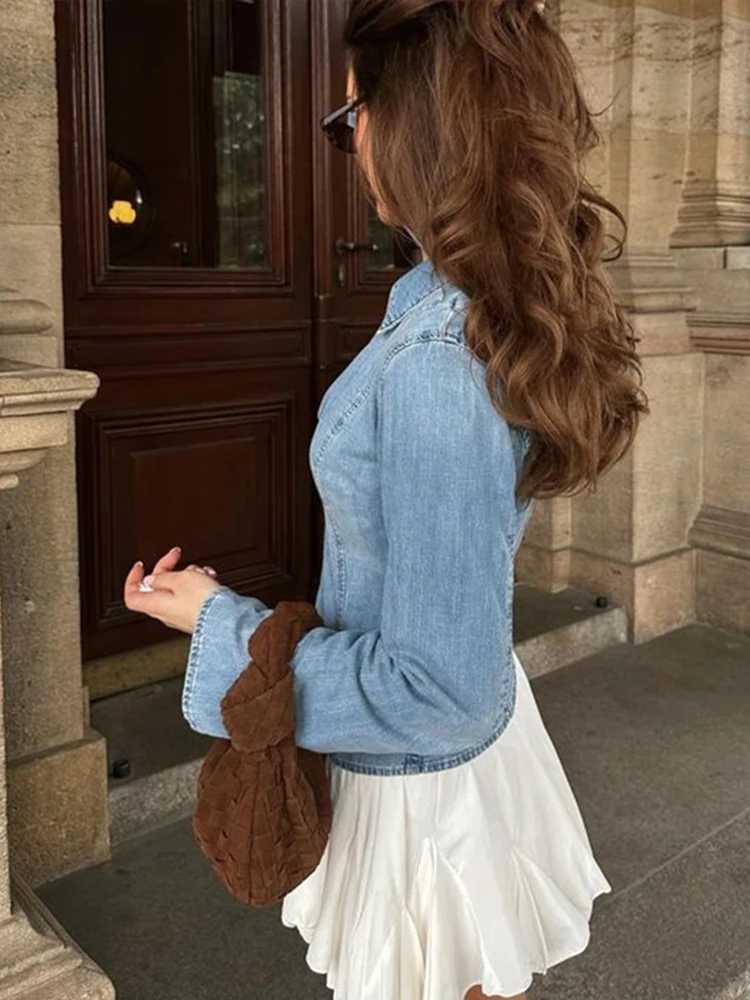 V-Neck Denim Cardigan Jacket Lace Up Slim Fit Women Basic Denim Top Fashion Casual Female Shirt Coat Spring Autumn OuterwearsX240920