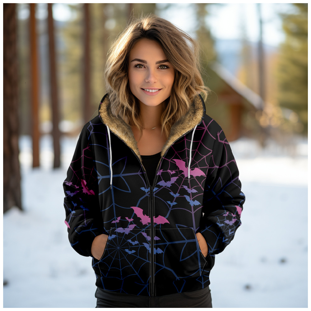 Girls' daily wear comfortable thick warm veet hooded jacket, black art retro style