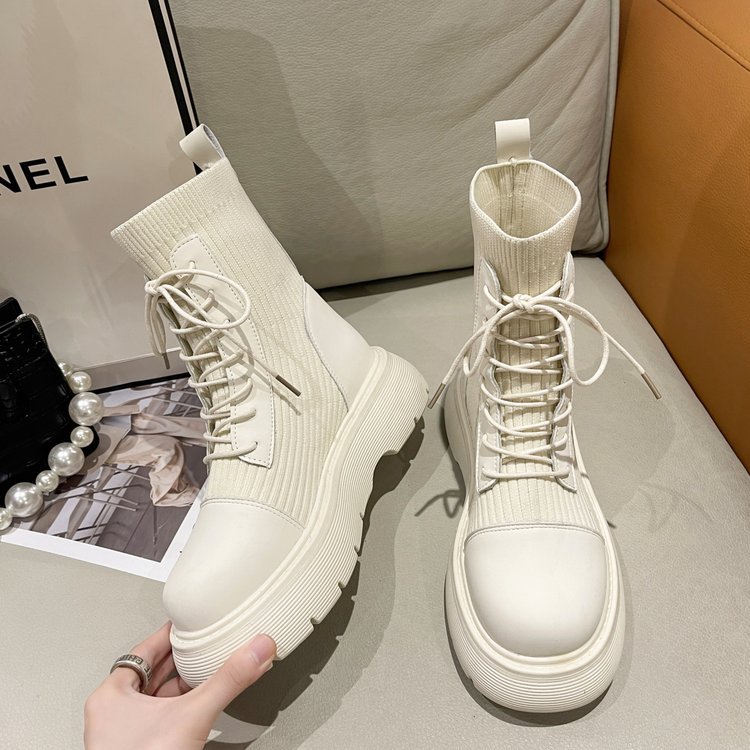 2024 new front lace up British style retro round toe elastic soft soled boots