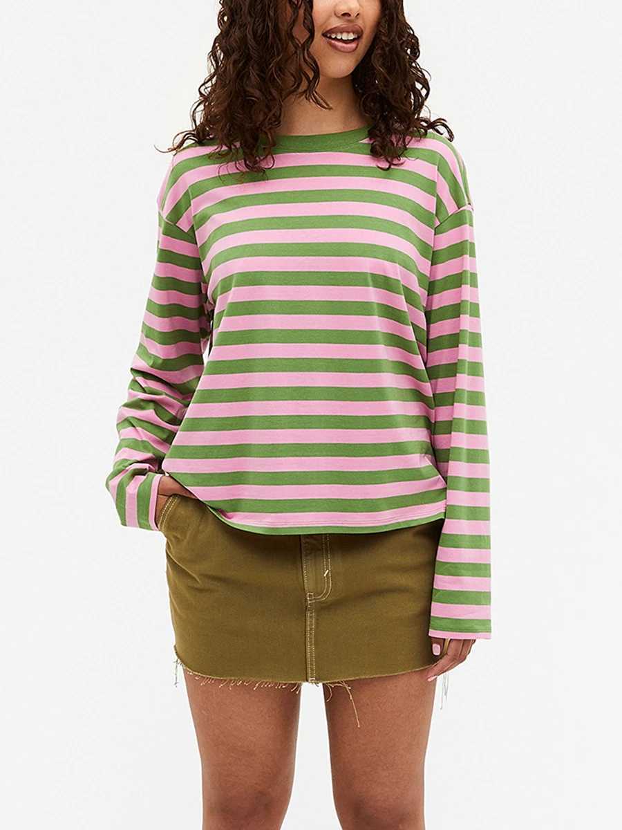 Women s Spring Autumn Casual Tops Long Sleeve Round Neck Loose Fit Striped T-shirts M240920