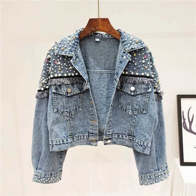2024 New Mujer Spring Autumn Streetwear Denim Jacket Women Hand-studded Pearls Punk Tassel Veste Femme Loose Short Jeans CoatsX240920