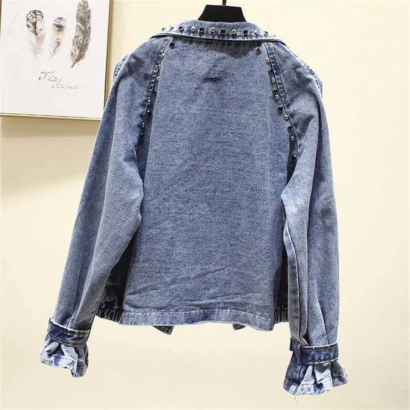 Spring Autumn New Women Korean Loose BF Student Hong Kong Wind Beaded Suit Collar Retro Denim Jacket Womens Jacket TideX240920