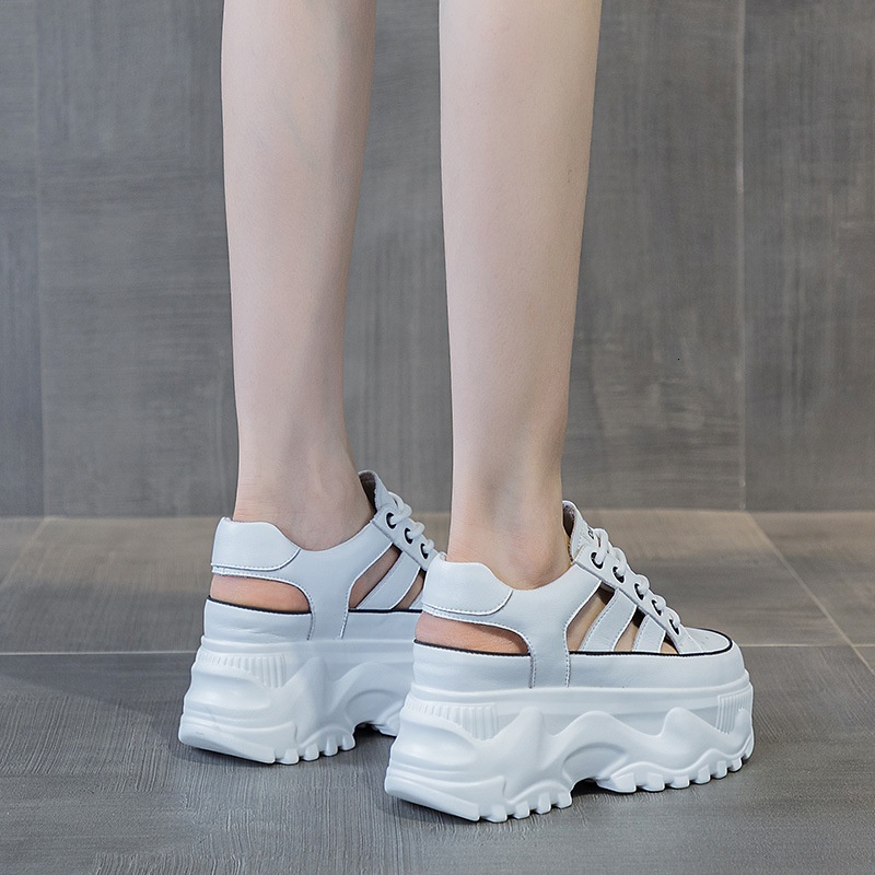 Summer New Fashion Casual Sandals Hole with Elevated Inner Height Women's 8CM Thick Sole Hollow Breathable Small White Shoes