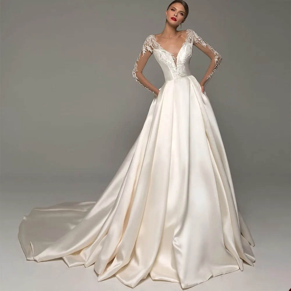 Elegant Wedding Dress For Women V Neck Long Sleeves Backless Bridal Gown Lace Appliques Sweep Train Dresses Custom Made Vestidos De Novia