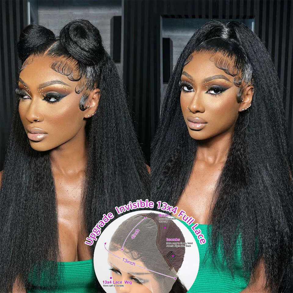 360 Hd Full Frontal 350 Density Kinky Yaki Straight HD Transparent Lace Front Human Hair Wig for Women 40Inch Brazilian
