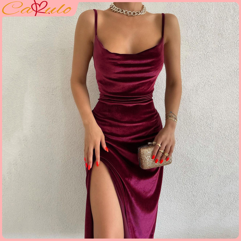 Cakulo Veet Swing Collar Sleeveless Slip Sexy Slit Maxi Dress 2023 New Fashion Evening Party Women Elegant Streetwear Y2k