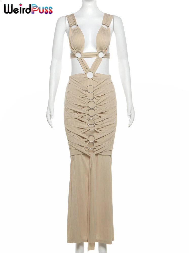 Weird Puss Cirque Cross Hollow Dress Women Sexy Chic Y2K Trend Backless Sleeveless Elegant Birthday Party Stretch Maxi Bodycon 240920