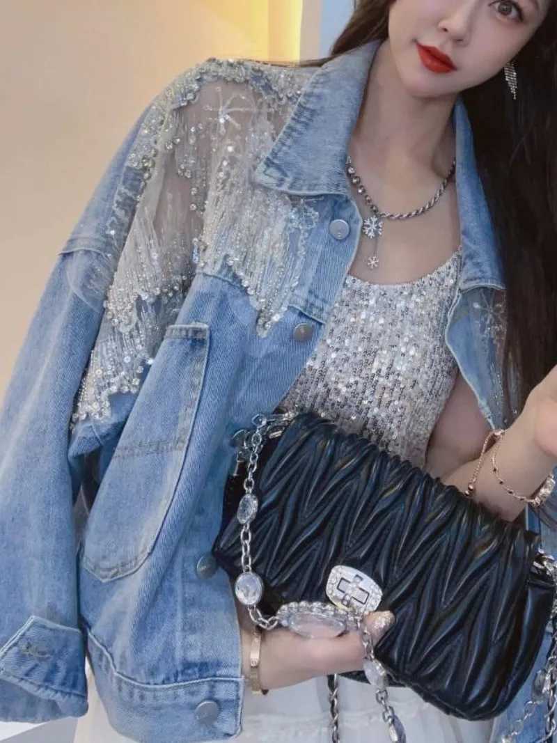 Women Lace Embroidery Loose Diamond Studded Short Denim Jacket Ladies Sweet Korea Summer Spring 2023X240920