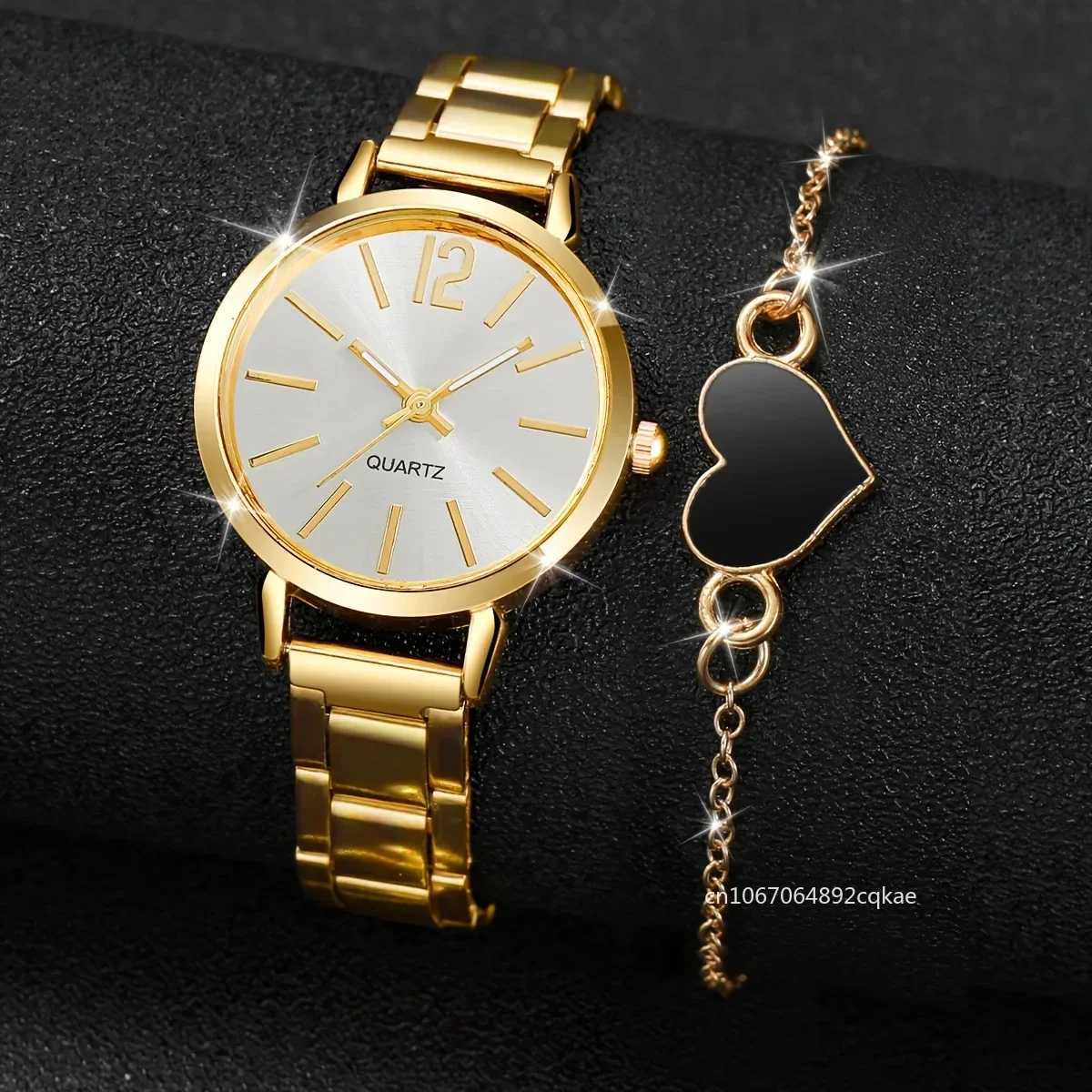 2pcs Business Fashion Quartz Watch Elegant Golden Wrist Watch Heart Charm Bracelet Set Simple Ladies Watches Relojes Para MujerX240920