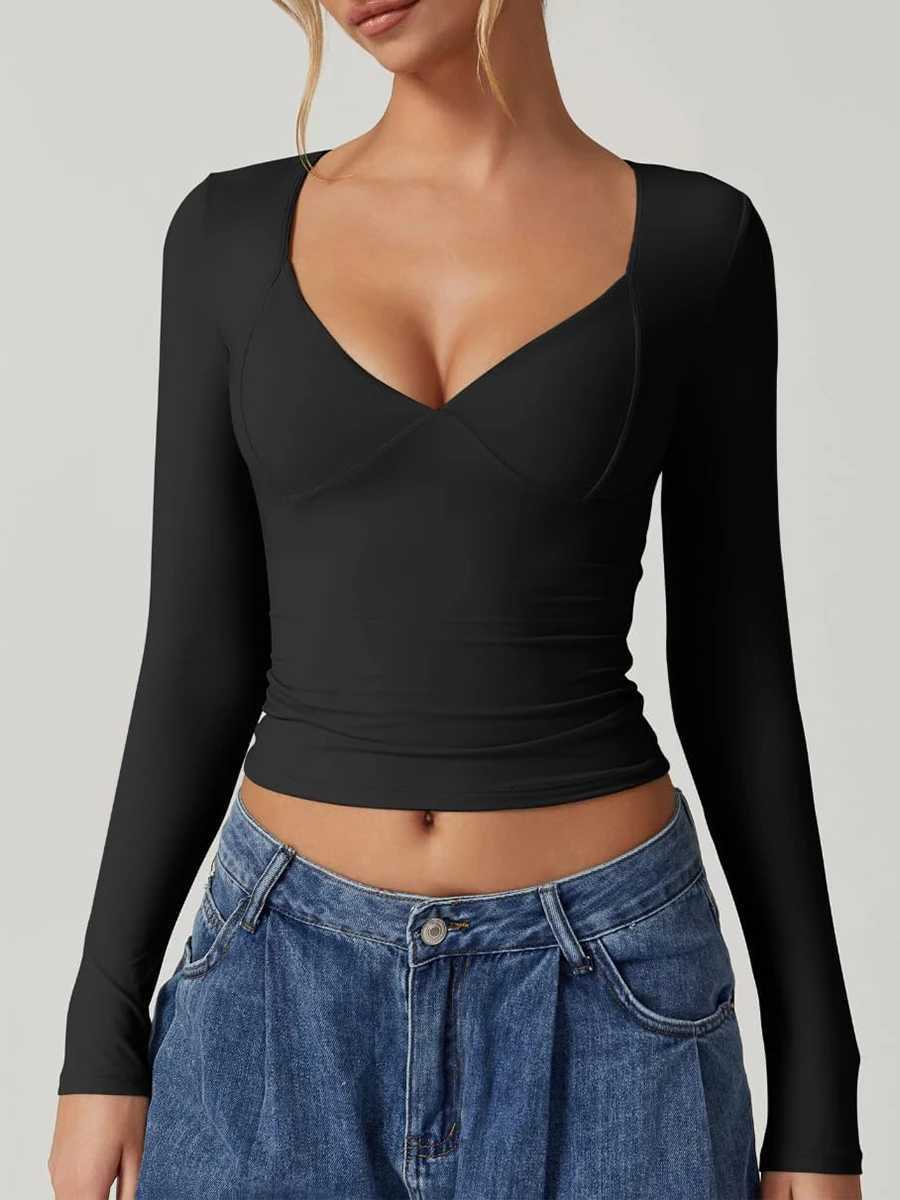 Women s Solid Color T-Shirts Long Sleeves Fit Sweetheart Neck Fall Casual Tops M240920