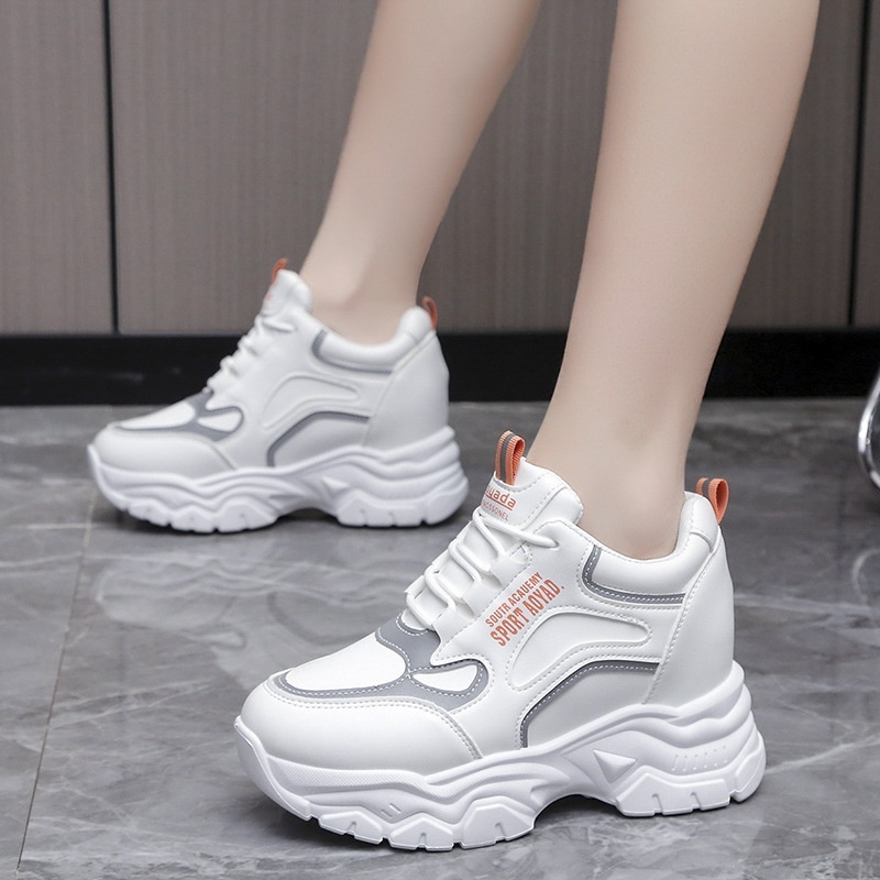 Leather inner raised dad women's spring autumn thick soled color blocking casual shoes, lightweight comfortable, student running and sports shoes
