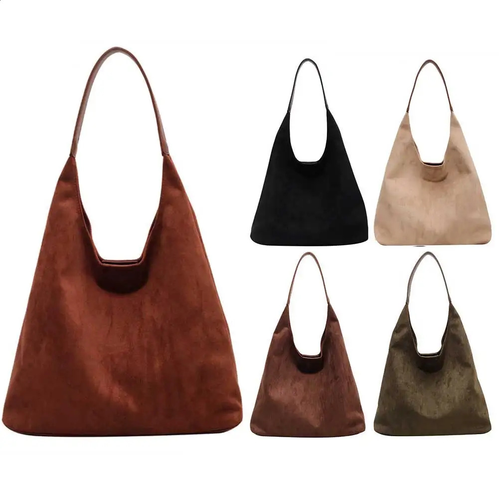 Vintage Womens Bag Large Capacity Suede Shoulder Bag Solid Color Simple Casual Bag Autumn Winter Classical Tote Bags 240913
