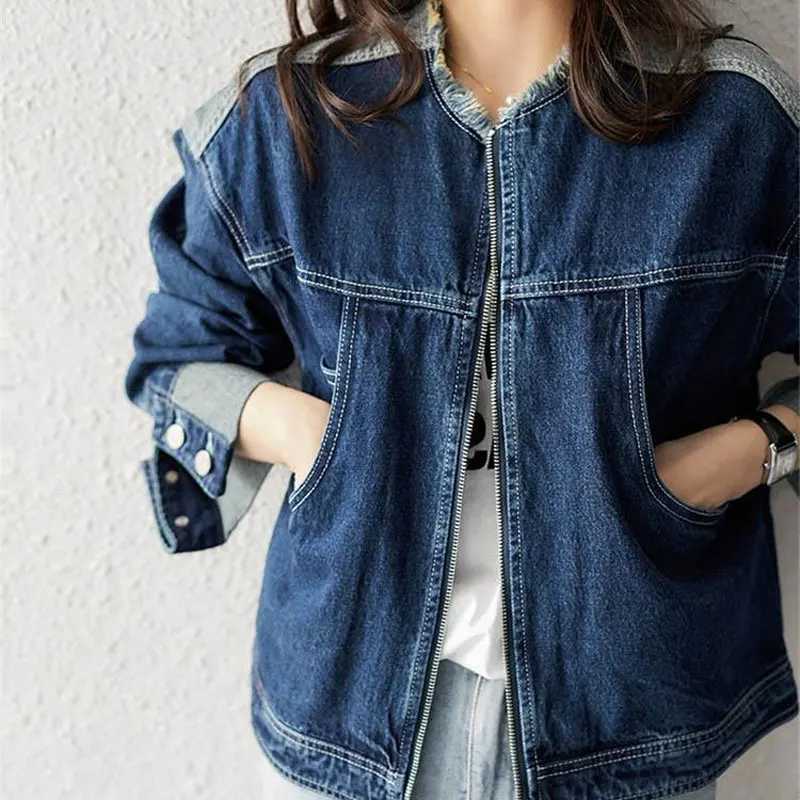 Female Clothing Solid Color Denim Coat Korean Spring Autumn Casual Stand Collar Zipper Fashion Pockets Tassel Spliced JacketsX240920