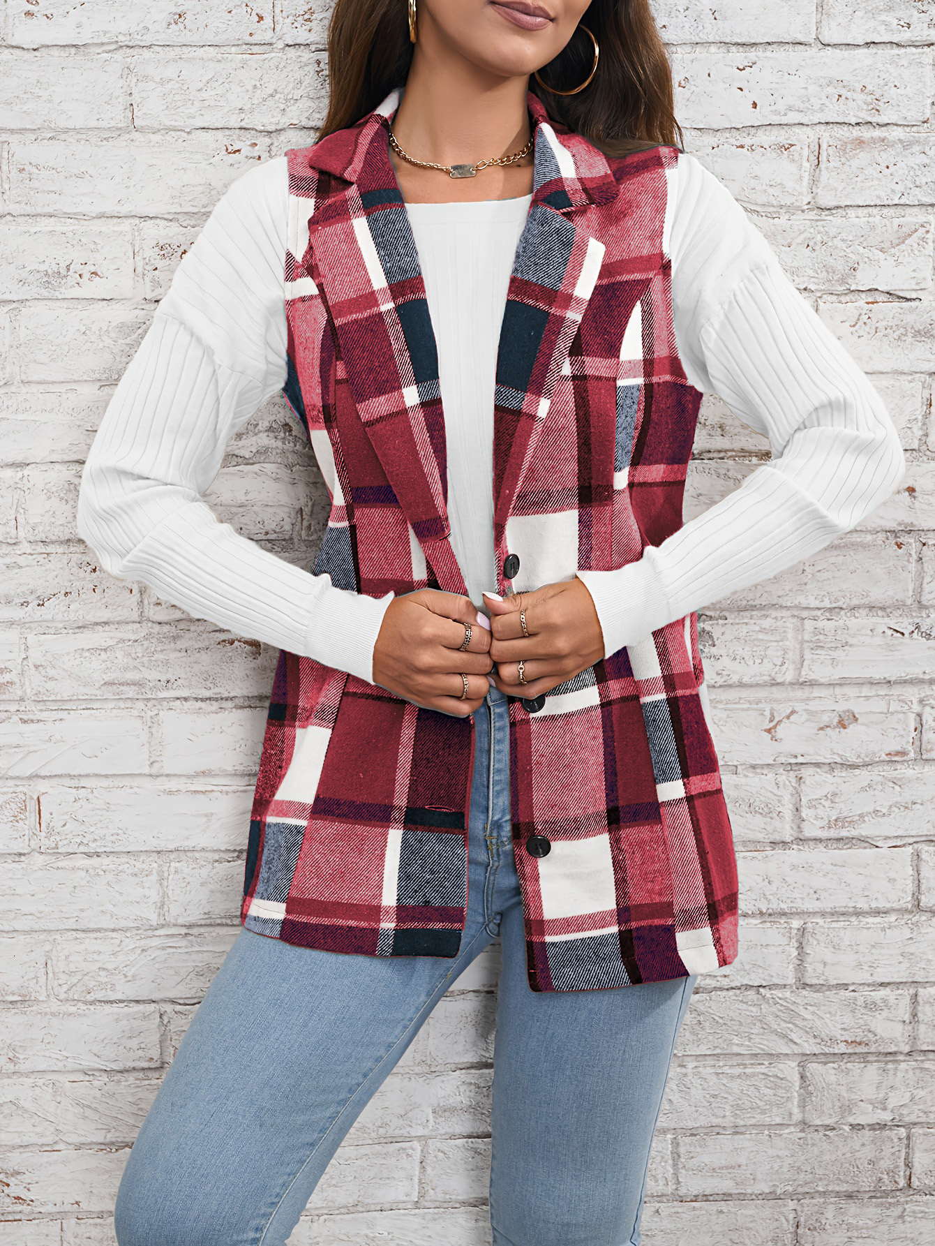 Europe America Hot selg women's elegant commuting lapel single breasted multicolored plaid spring and autumn vest