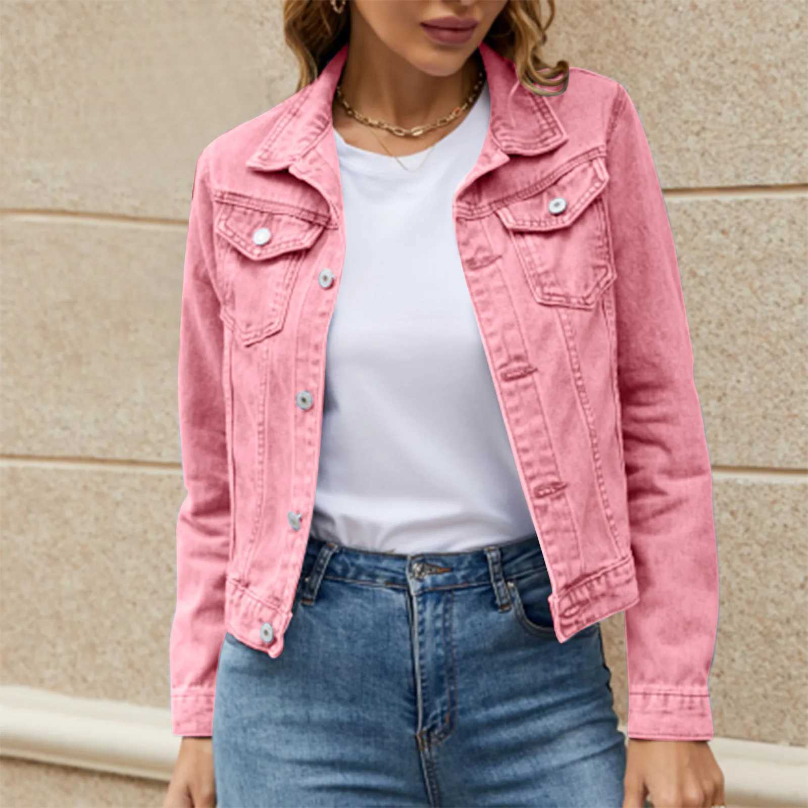 Denim Cropped Jacket Women Solid Color Long Sleeve Lapel Single Breasted Short Jeans Coat With Pocket y2k Retro Street OuterwearX240920