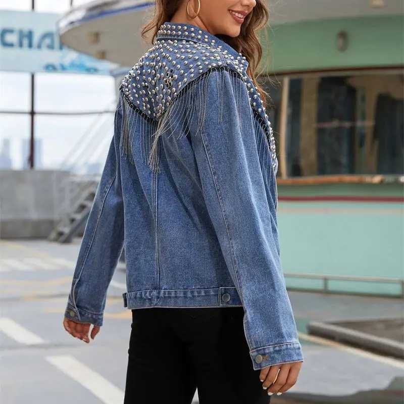 Hand-studded Rivet Tassel Women Denim Jacket Overcoat Female Jeans Jacket Loose Coats 2023 New Autumn OutwearX240920