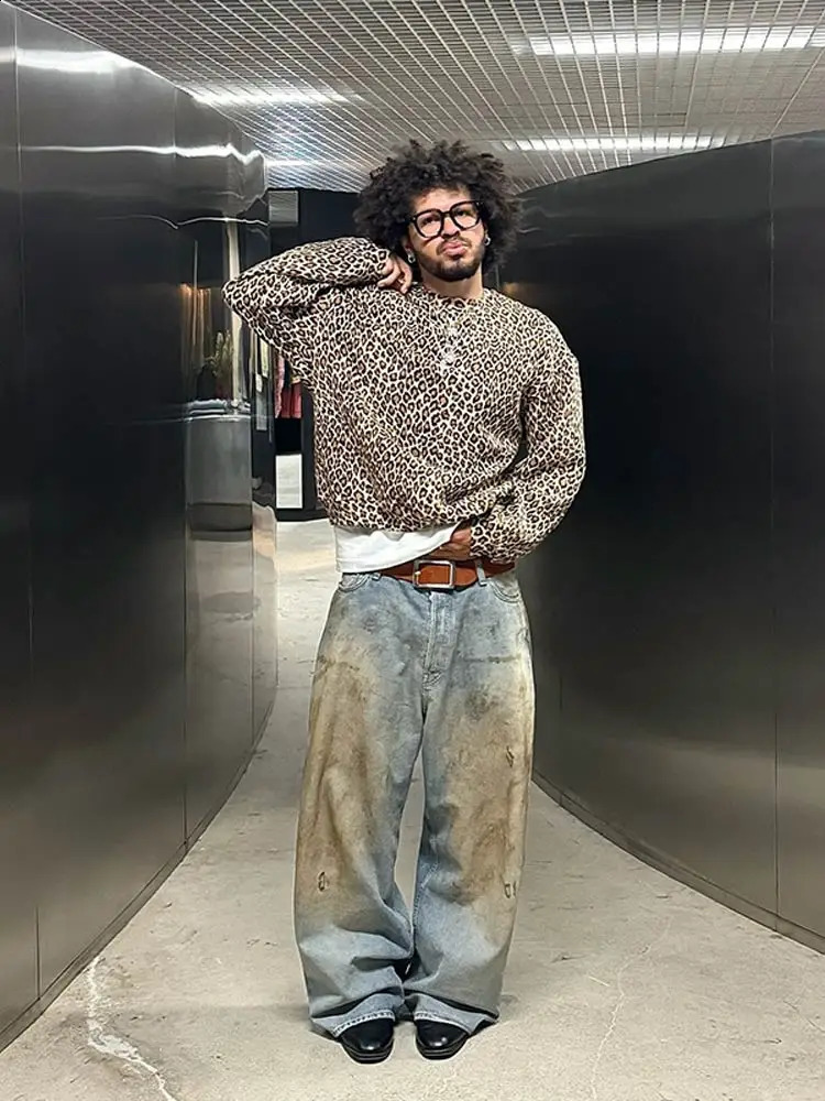 Retro leopard print wool sweatshirt autumn brown mens round neck pull up loose long sleeved shirt 240911