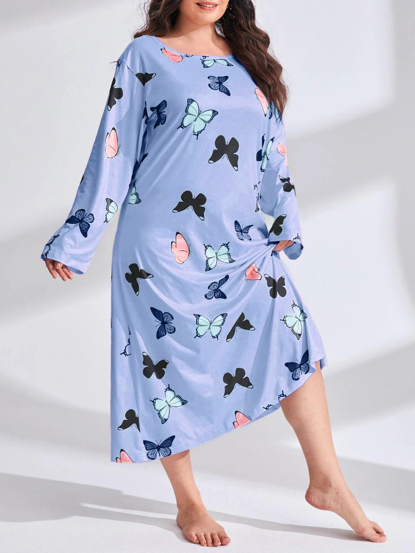 2024 Fat Po Women's Long sleeved Butterfly Heart Leopard Print Drop Shoulder Large Size Sleeping Dress