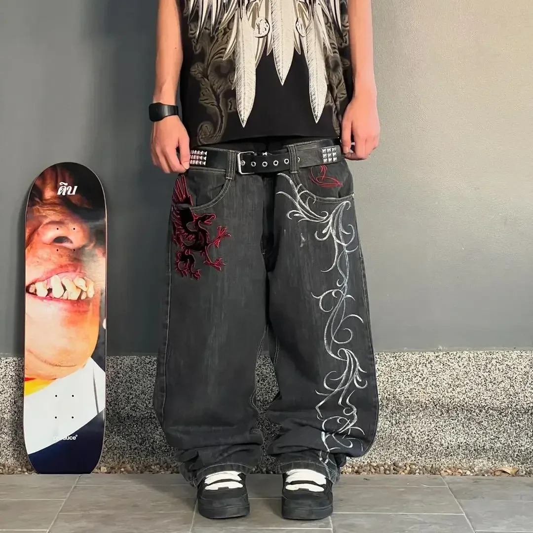 2026 Street Retro Hip Hop Casual Y k New Women s Haruku Fashion Embroidery Pattern Denim Trousers Straight Wide leg Pants Men