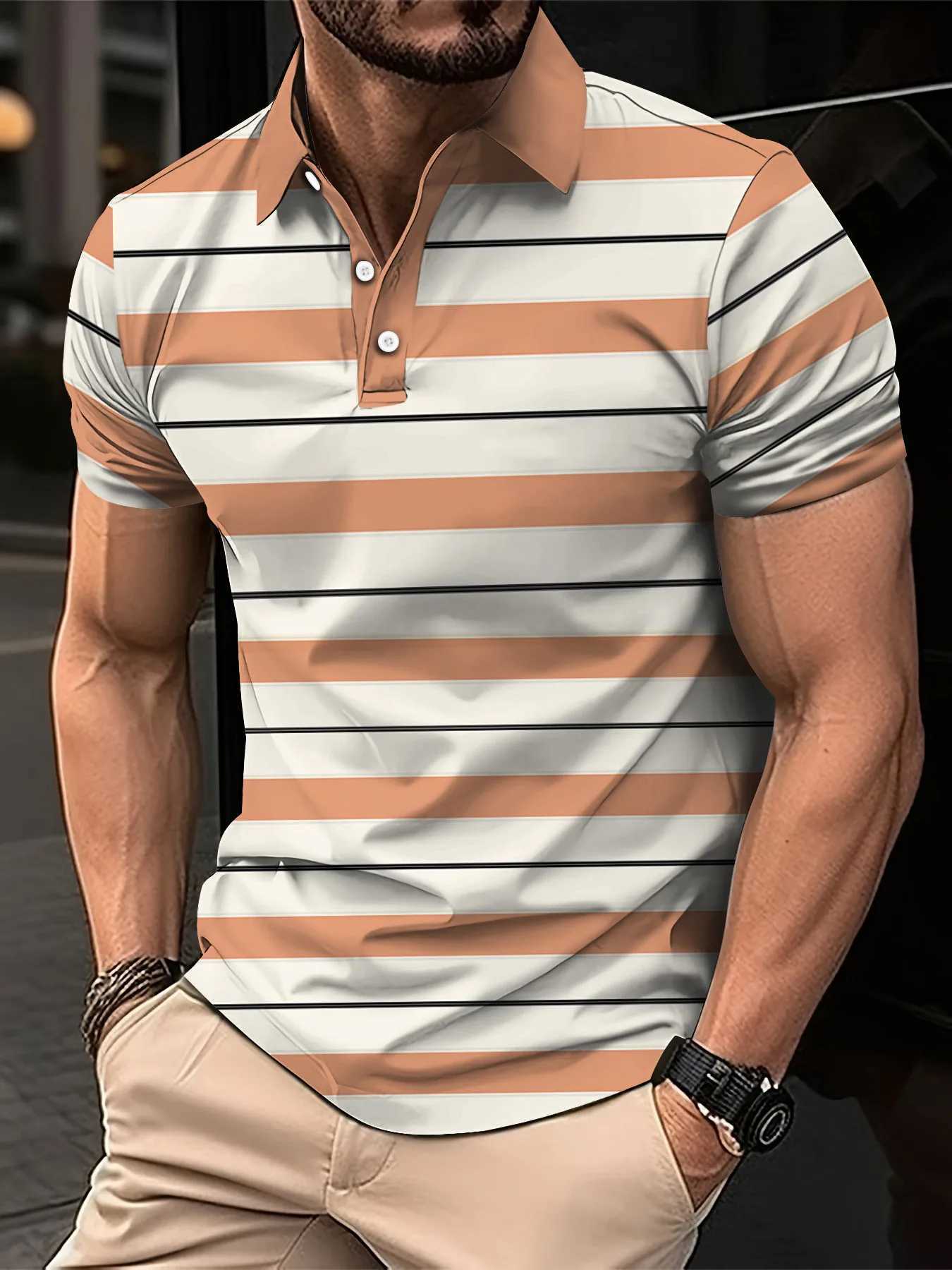 2024 New Mens Summer Short Clothes Sleeved Lapel 3D Digital Printed Striped Polo Shirt Mens Business Casual Top ClothesX240920