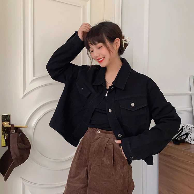 Black Denim jacket women elegant retro long style lapel loose denim jacket long sleeved shirt top for women winter clothes womenX240920