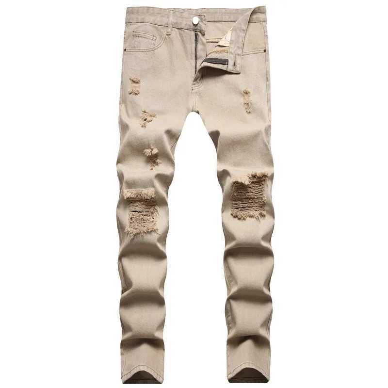 Mens jeans autumn new item solid color mid waist straight denim pants full-length street clothing fashionable ripped jeans CL240912