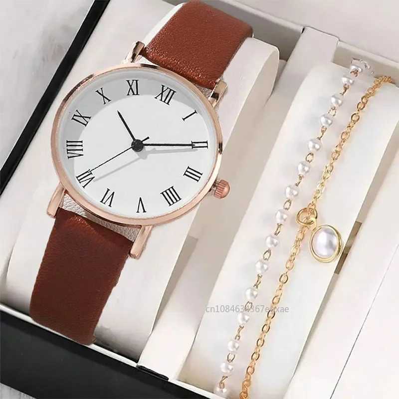2/1Pcs Fashion Women Leather Strap Quartz Watch Elegant Pearl Bracelet Fashion Wristwatch Casual Ladies Watches Bracelet SetX240920