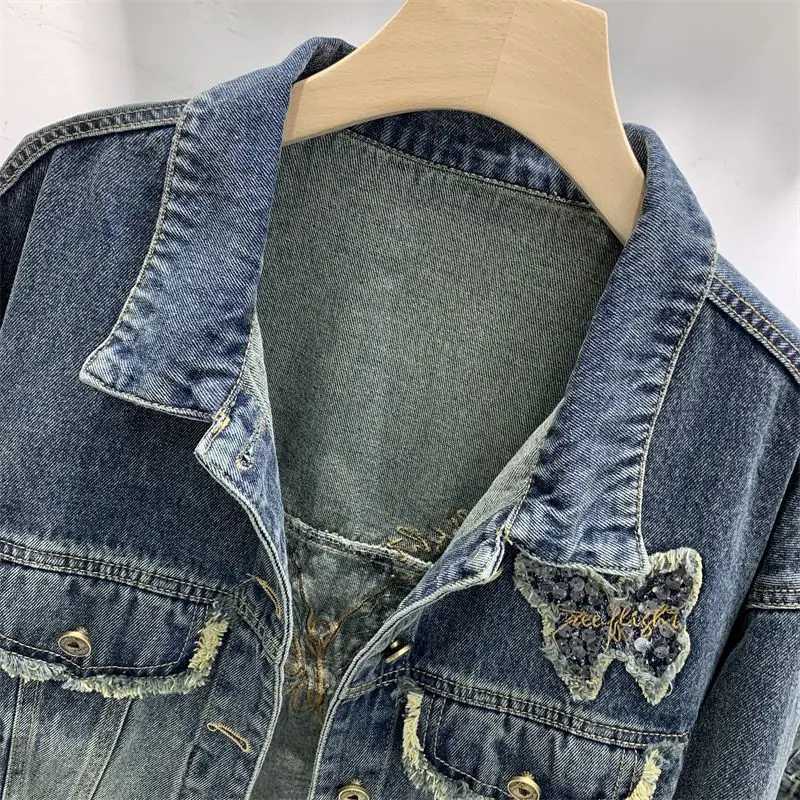 Chaquetas Butterfly Embroidered Denim Jacket Women Spring Autumn Long Sleeve Cotton Outerwear Button Female Casual Jeans CoatX240920