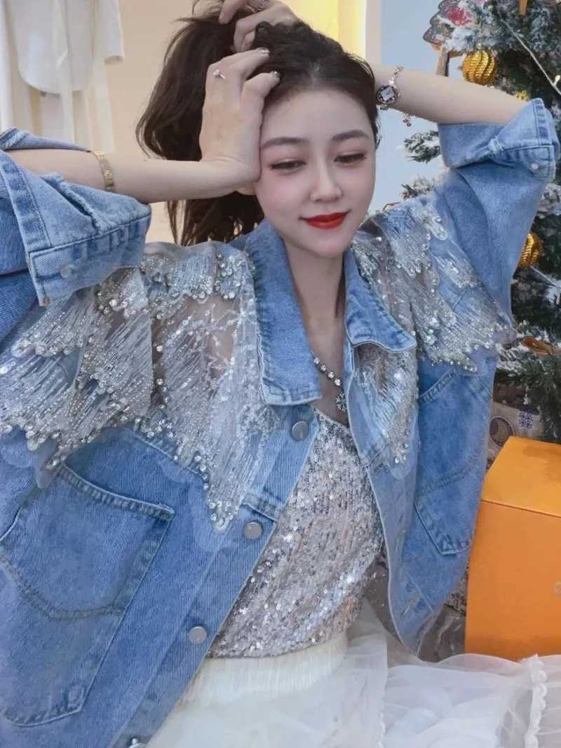 Women Lace Embroidery Loose Diamond Studded Short Denim Jacket Ladies Sweet Korea Summer Spring 2023X240920